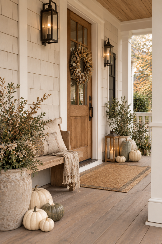 Elegant neutral fall porch decorated with cream pumpkins, muted greenery, natural wood, and understated autumn accents.