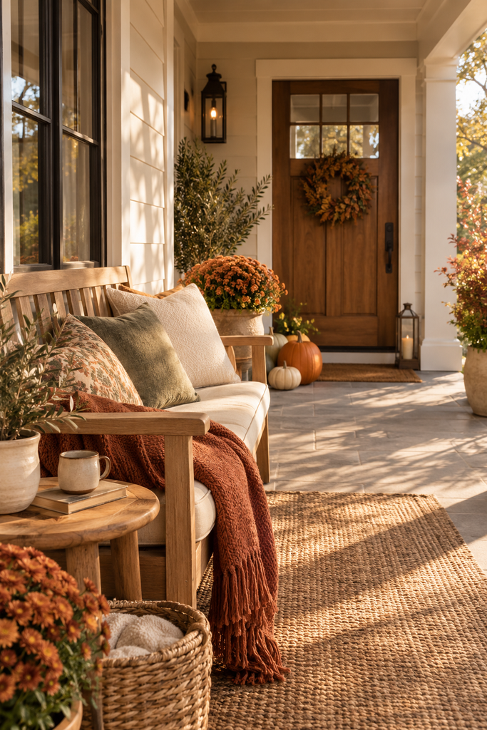 Cozy fall porch seating area with a wooden bench, neutral cushions, textured throw, pumpkins, mums, and natural accents.