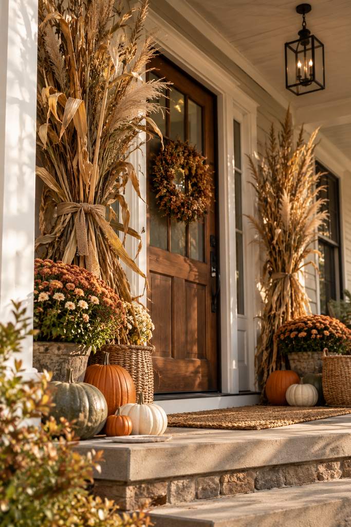 Fall front porch decorated with tall dried corn stalks, ornamental grasses, pumpkins, mums, and natural seasonal textures.