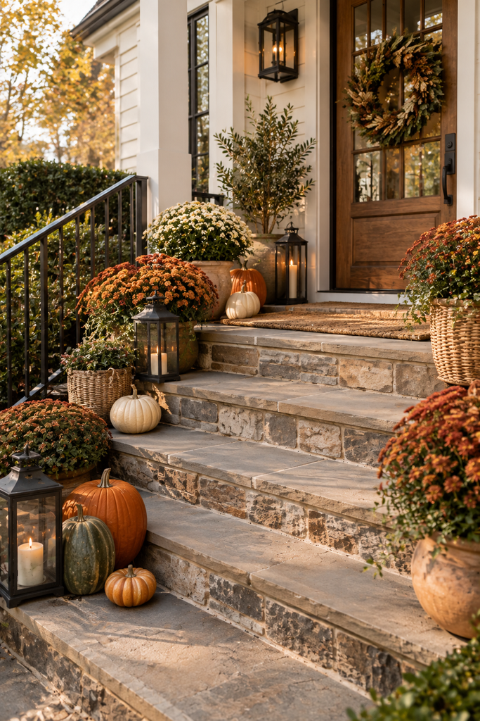 Fall front porch steps decorated with pumpkins, chrysanthemums, lanterns, and woven baskets arranged in layered levels.