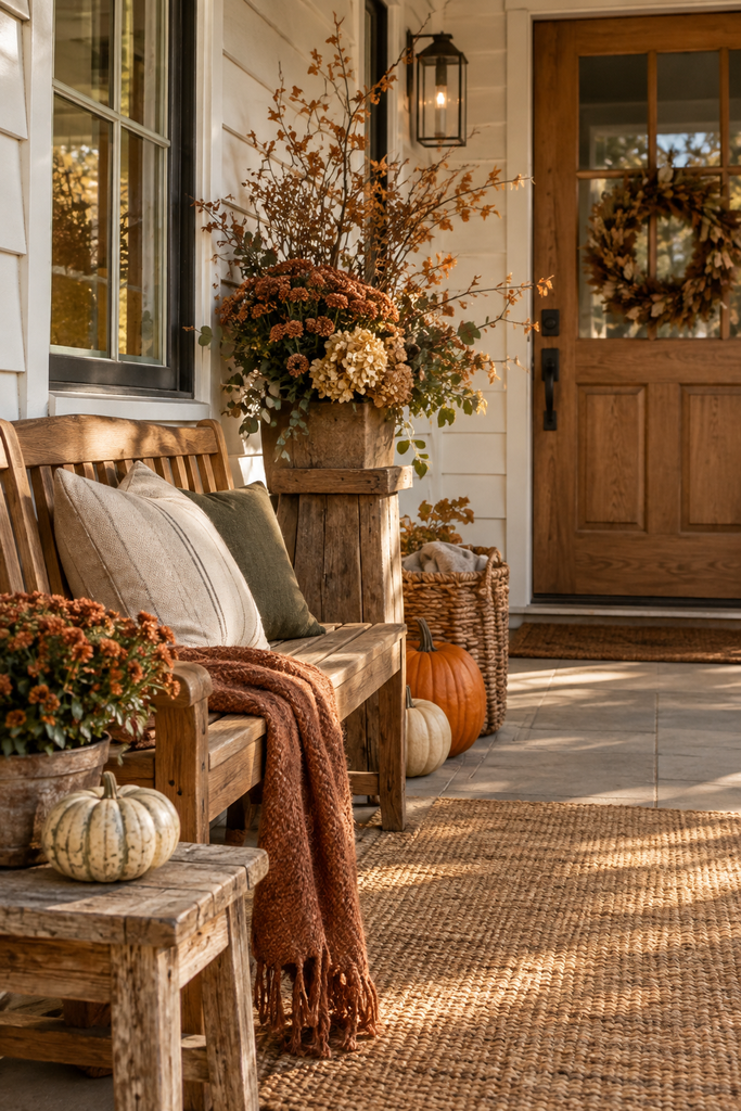 Warm fall porch featuring natural wooden furniture and planter stands decorated with pumpkins, dried branches, and seasonal flowers.