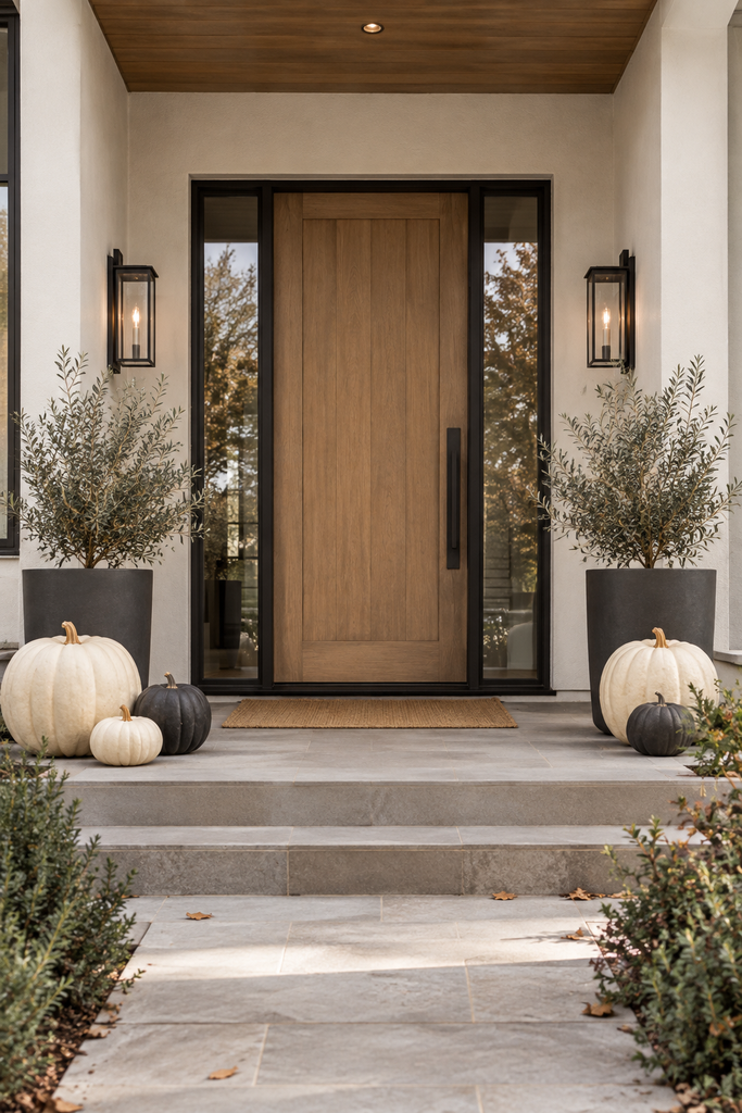 Modern minimalist fall porch with sculptural cream pumpkins, olive planters, black lanterns, and clean architectural lines.