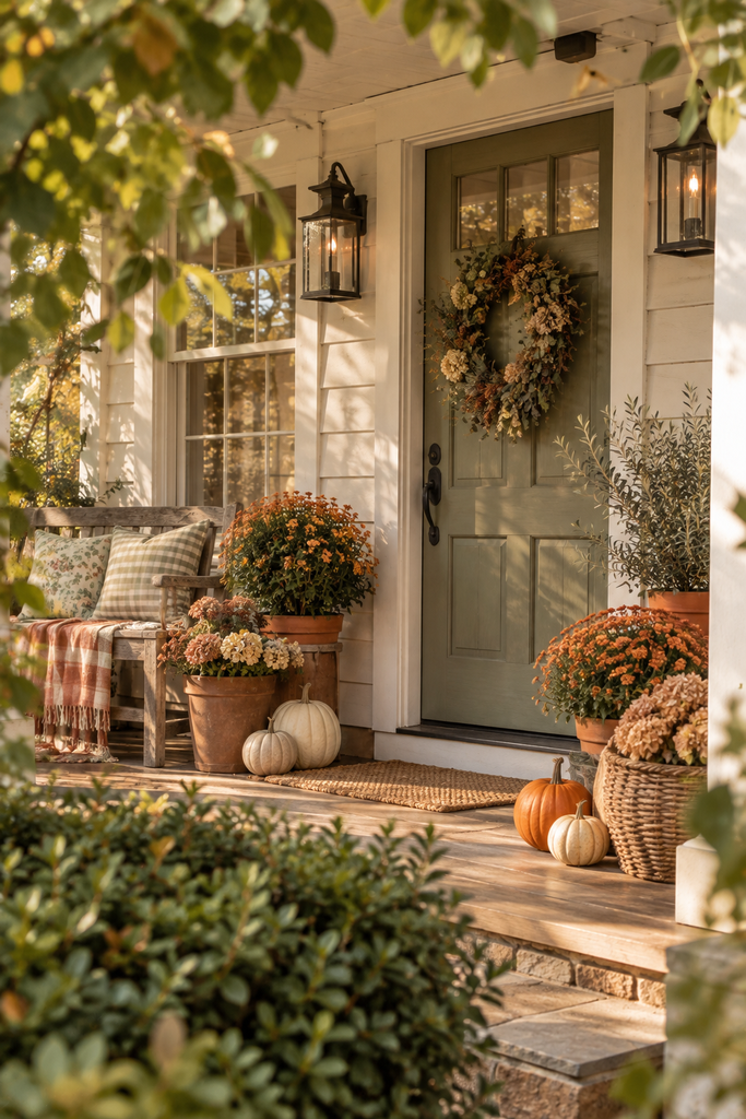 Charming cottage-style fall porch with pumpkins, autumn flowers, woven baskets, a vintage-inspired door, and a cozy wooden bench.