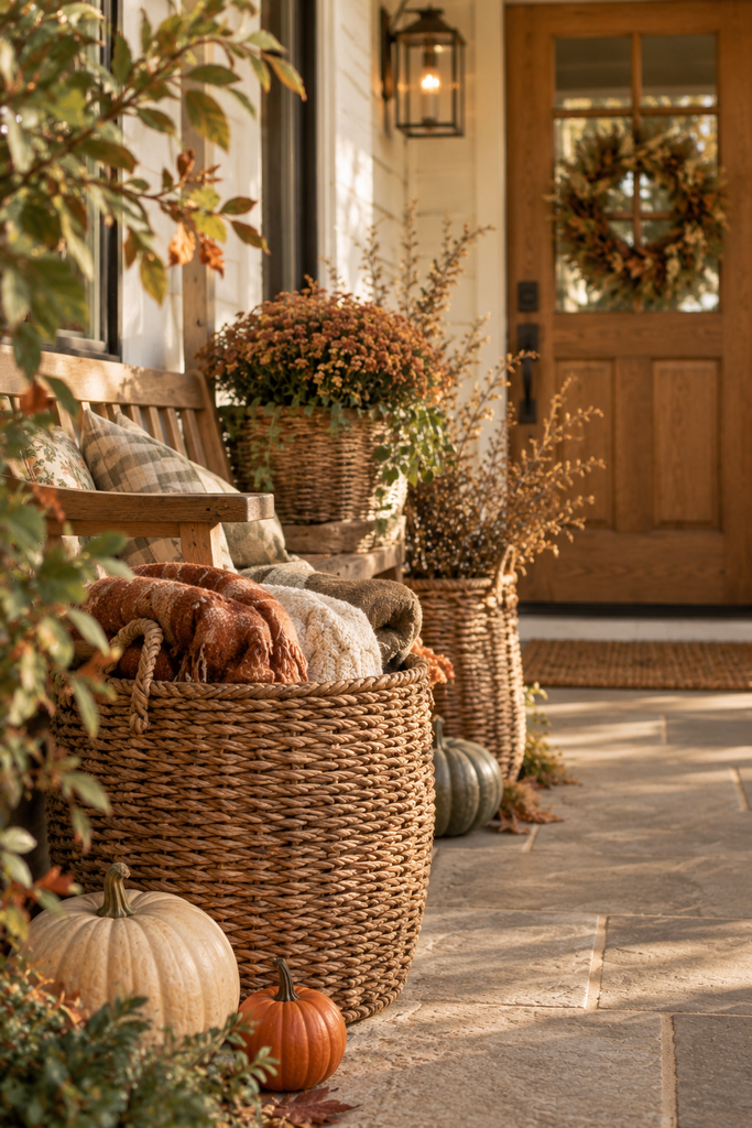 Fall porch styled with woven baskets holding blankets, plants, and dried branches alongside pumpkins and natural wood furniture.