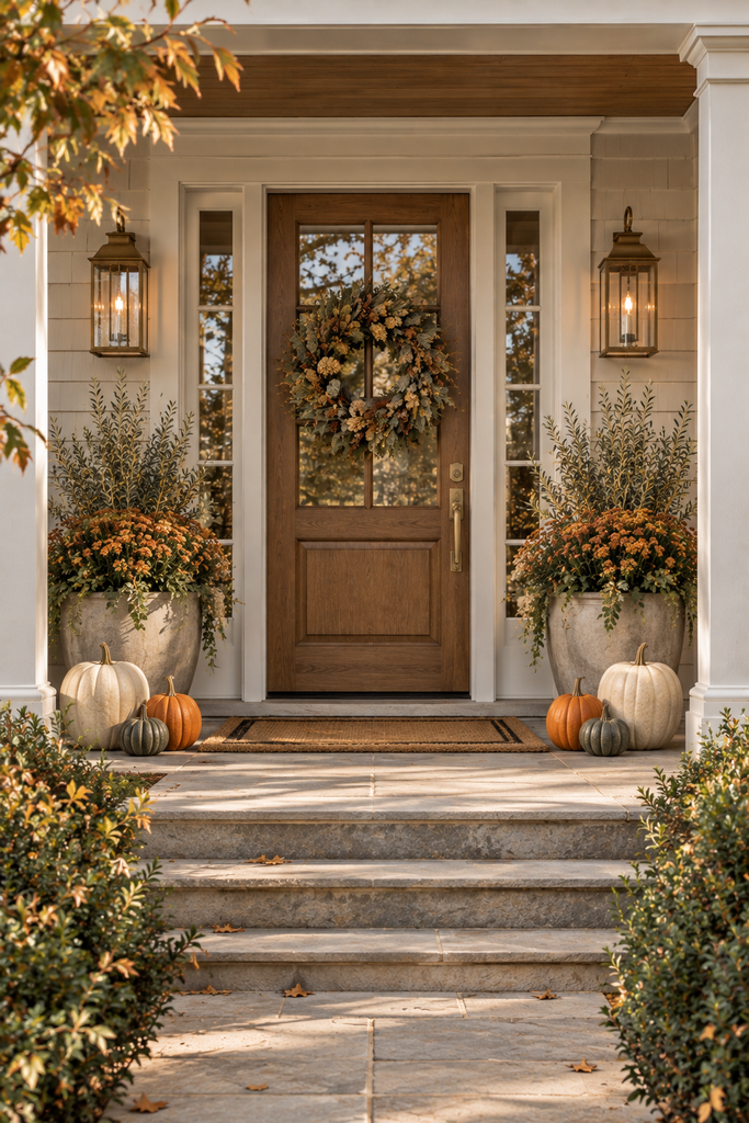 Symmetrical fall front entrance with matching planters, pumpkins, lanterns, and an autumn wreath around a classic front door.