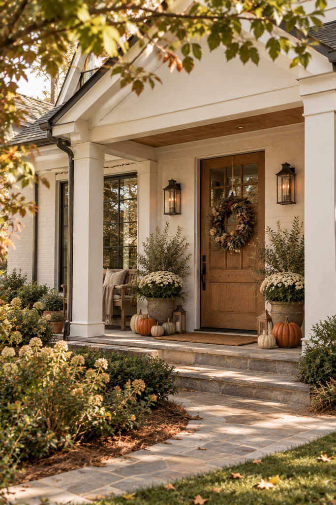 Fall front porch with autumn colors coordinated with the home's warm white exterior, natural wood door, olive greenery, cream flowers, and muted rust pumpkins.