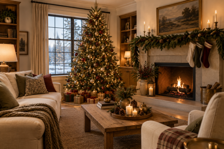 Beautifully decorated Christmas living room with an elegant tree, evergreen mantel garland, warm lighting, candles, and cozy natural textures.