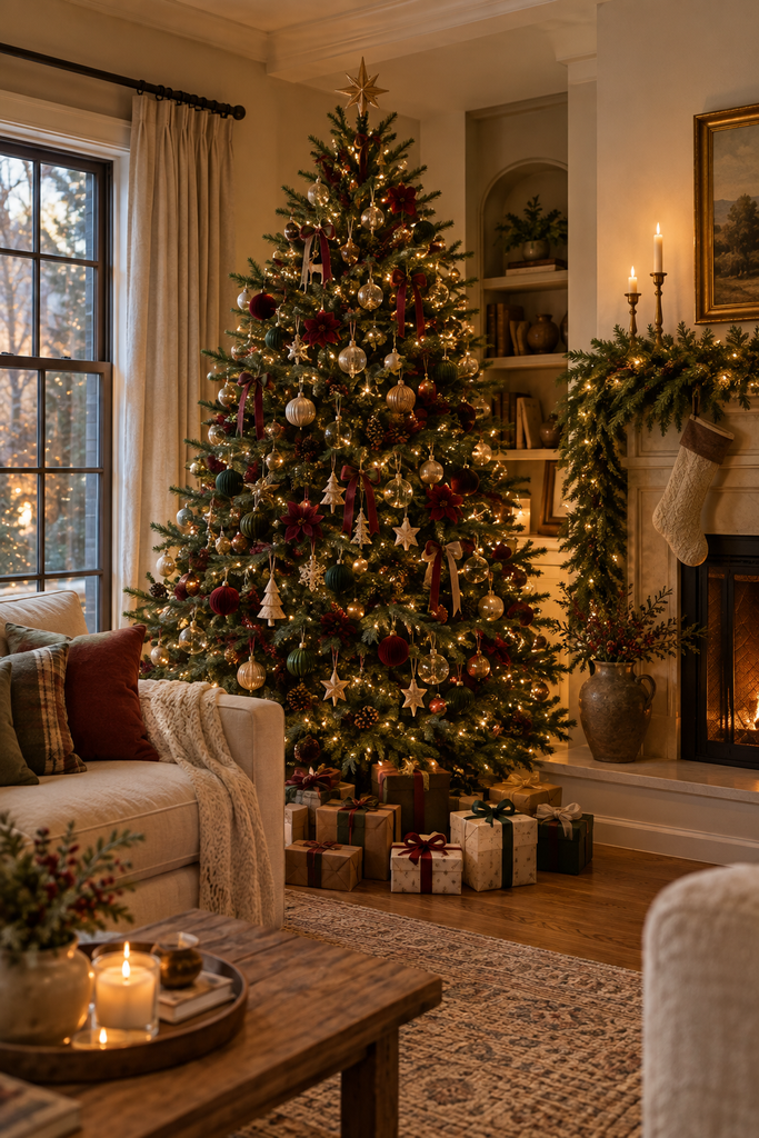 Elegant Christmas tree layered with warm lights, red and green ornaments, natural accents, and wrapped gifts in a cozy living room.
