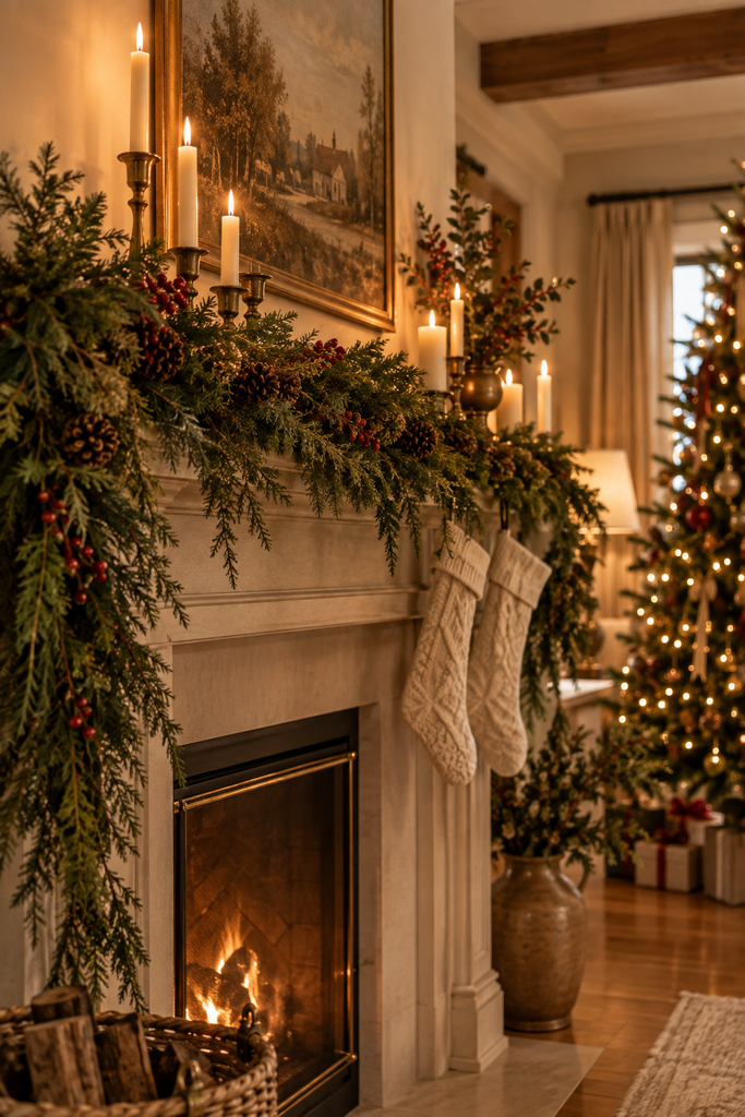 Elegant Christmas mantel decorated with natural evergreen garland, pinecones, candles, stockings, and warm holiday lighting.