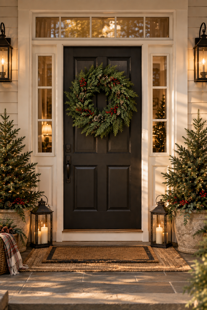 Welcoming Christmas front door decorated with an evergreen wreath, potted trees, glowing lanterns, and natural holiday accents.