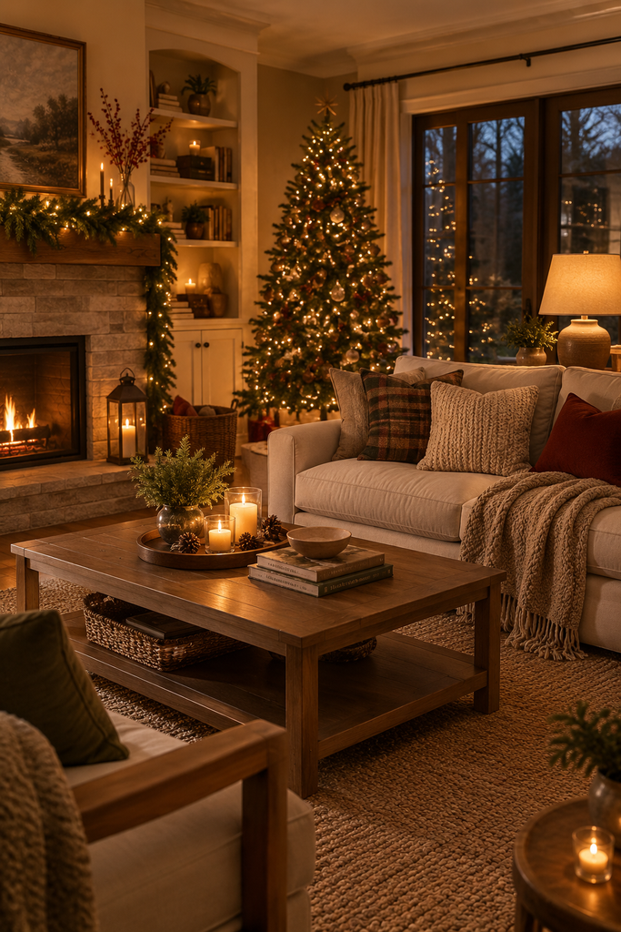 Cozy Christmas living room with layered warm lighting, candles, glowing string lights, and a softly illuminated Christmas tree.