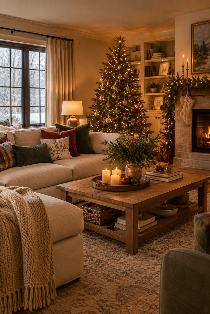 Cozy Christmas living room with a cream sofa, red and green accents, warm wood furniture, candles, and a decorated tree.