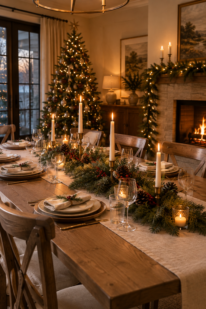 Elegant Christmas dining table with evergreen centerpiece, ivory linens, ceramic dinnerware, candles, and natural wood details.