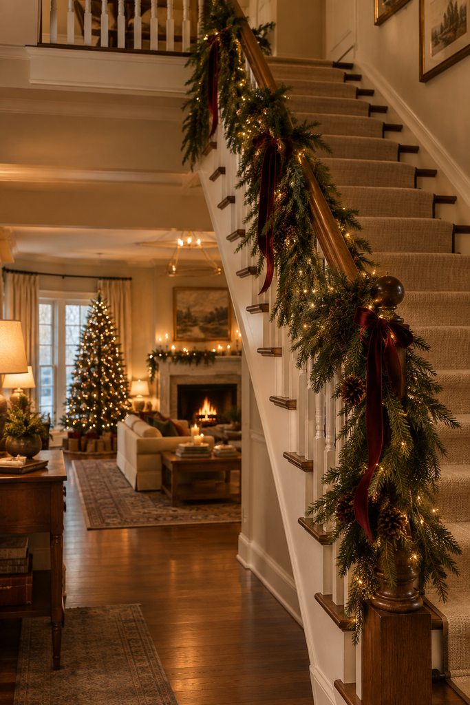 Elegant staircase decorated with natural evergreen garland, warm white lights, pinecones, and subtle Christmas ribbons.