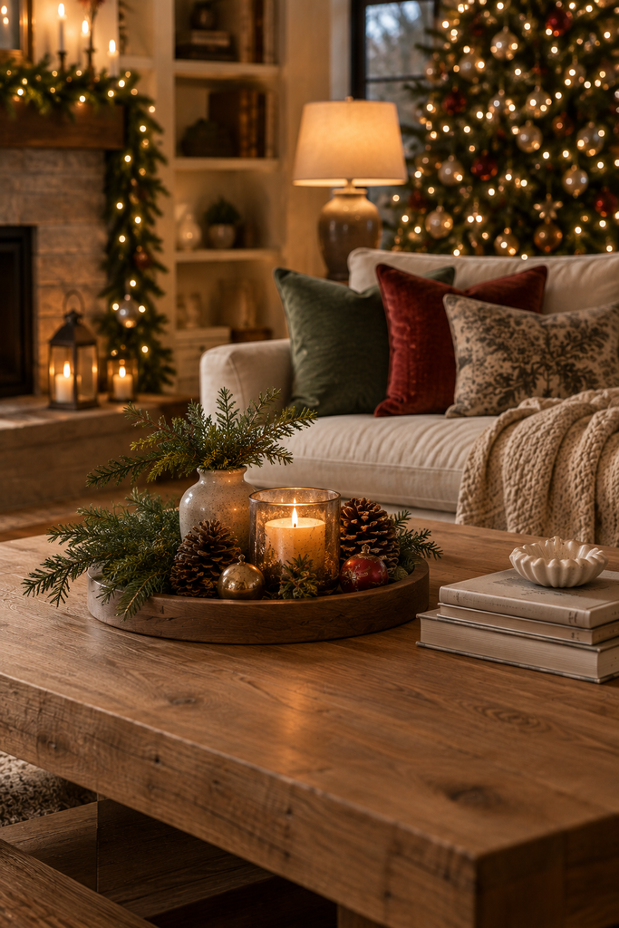 Christmas coffee table decorated with evergreen branches, candles, pinecones, ornaments, and natural wood accents.