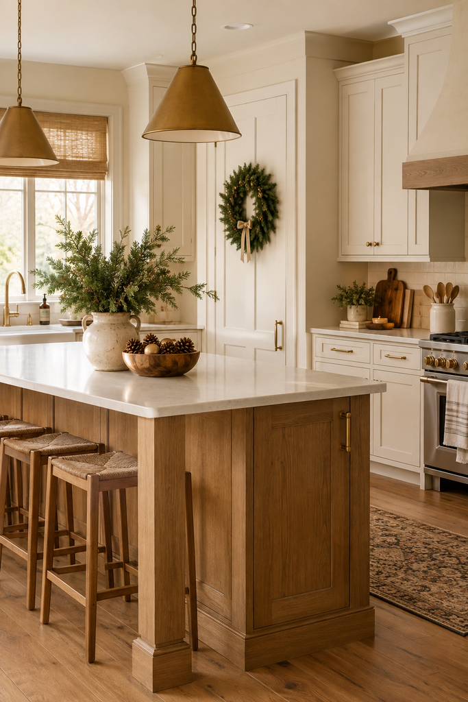 Elegant Christmas kitchen with subtle evergreen decor, a small wreath, seasonal accents, warm wood, and a functional kitchen island.