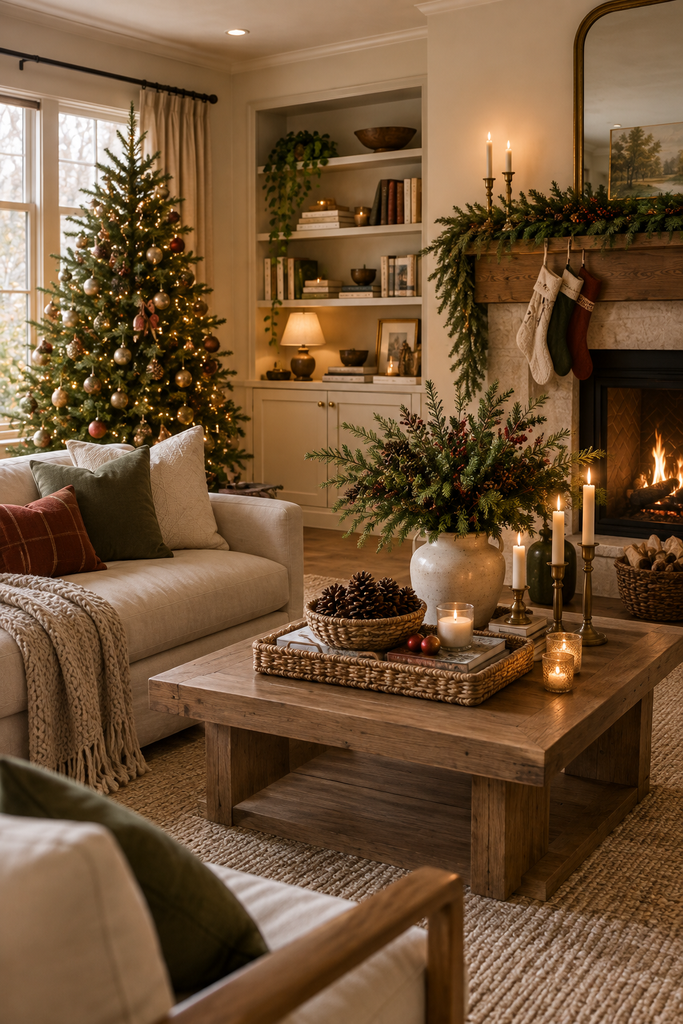 Natural Christmas decor with evergreen branches, pinecones, woven baskets, linen textiles, warm wood, and subtle traditional holiday accents.