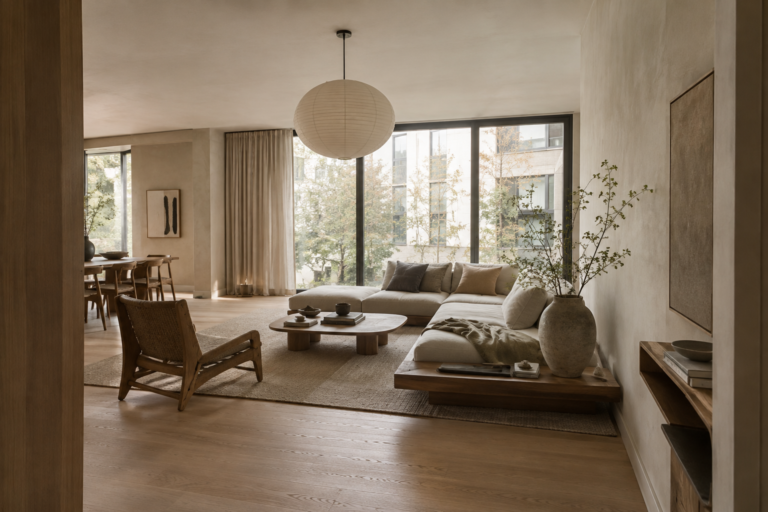Japandi apartment living area with low-profile oak furniture, warm neutral textiles, plaster walls, natural branches, and large windows overlooking a quiet courtyard.