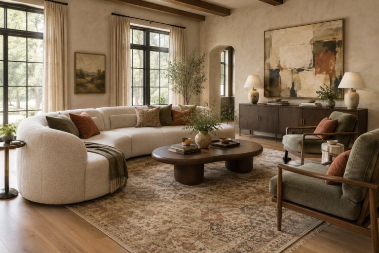 A stylish living room centered around a curved oatmeal sofa, walnut coffee table, textured rug, oversized artwork, and warm natural materials in an elegant American home.