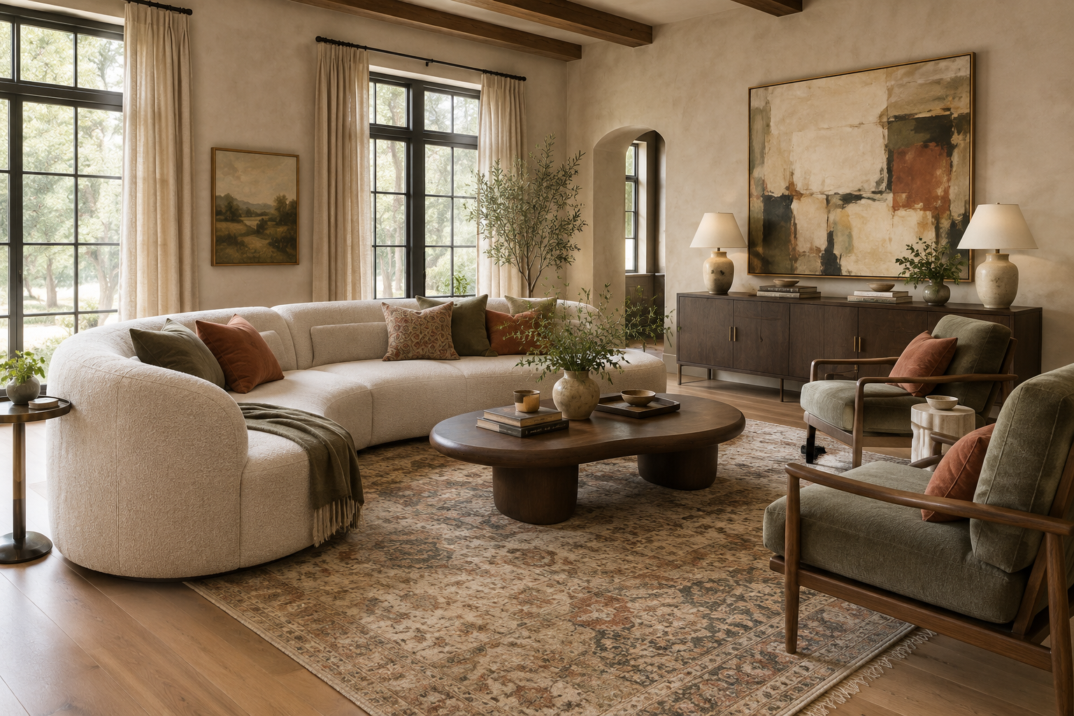 A stylish living room centered around a curved oatmeal sofa, walnut coffee table, textured rug, oversized artwork, and warm natural materials in an elegant American home.