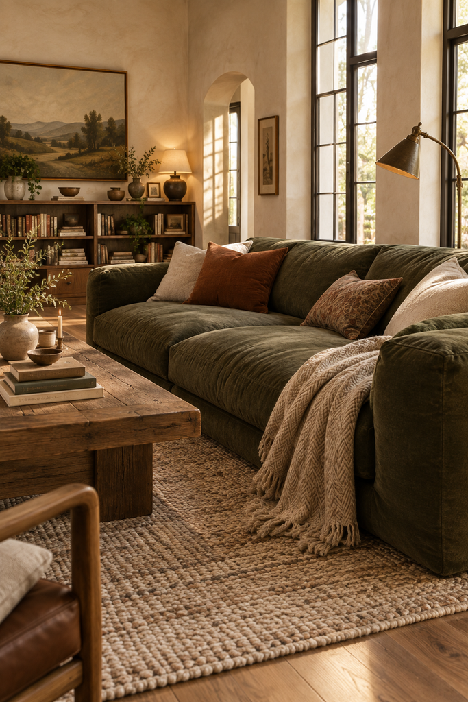 Relaxed living room featuring a deep moss-green sofa with loose cushions, textured throw, reclaimed oak coffee table, woven rug, and warm earthy decor.