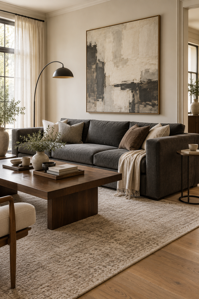 Sophisticated living room with a structured charcoal-gray sofa, oversized artwork, walnut coffee table, sculptural floor lamp, and refined neutral decor.