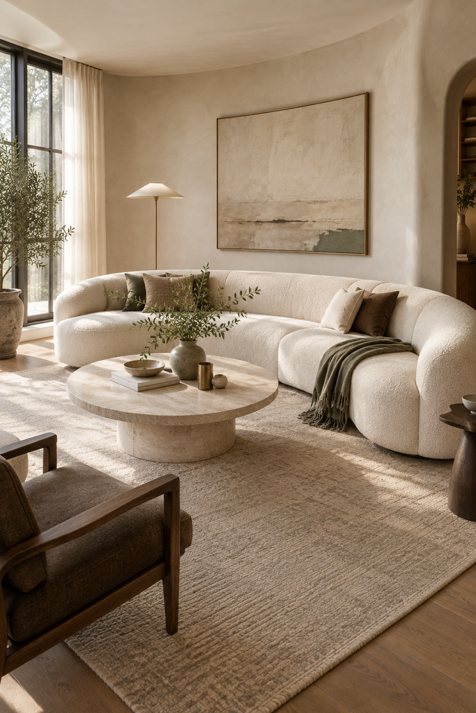 Modern living room featuring a cream curved sofa against a textured plaster wall with minimalist artwork, rounded stone coffee table, and sculptural lighting.
