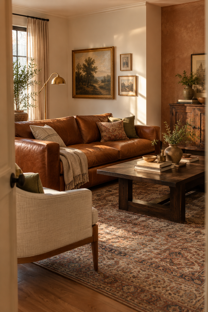 Warm living room with a cognac leather sofa, dark walnut coffee table, vintage rug, cream accent chair, brass floor lamp, and collected decor.