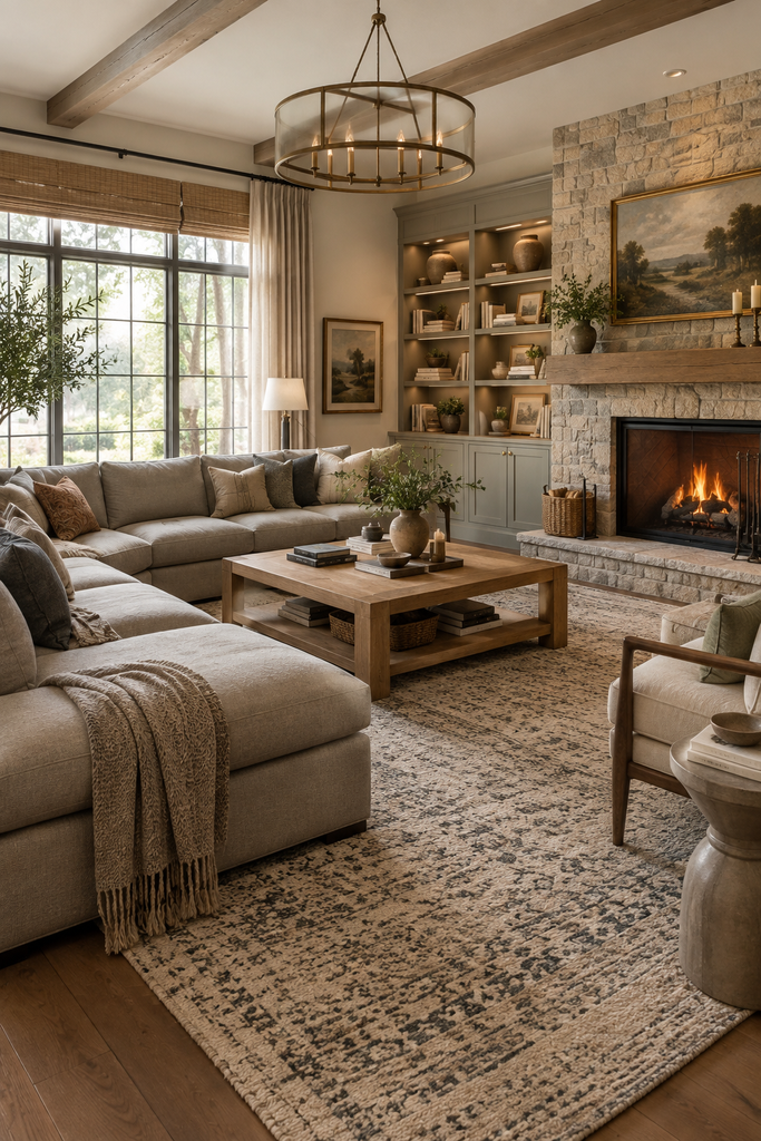 Spacious family living room centered around a large warm-gray sectional with a chaise, oak coffee table, textured rug, stone fireplace, and built-in shelving.