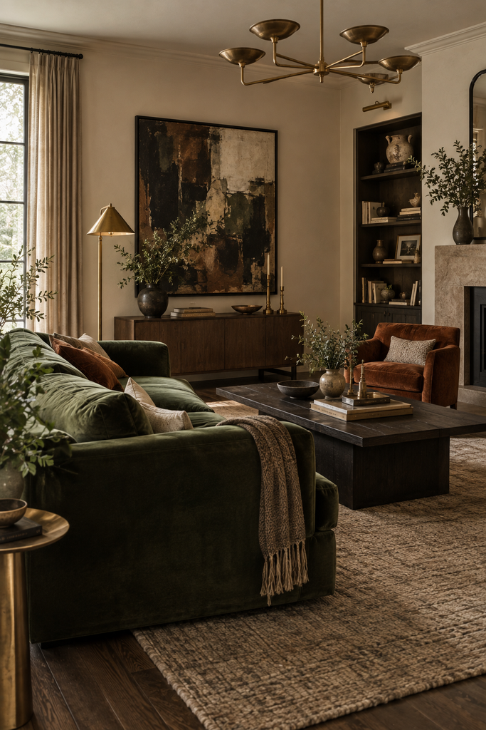Dramatic contemporary living room with a deep forest-green velvet sofa, dark artwork, blackened wood coffee table, rust accent chair, and sculptural lighting.