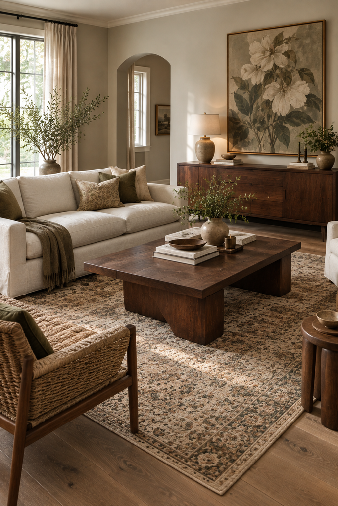 Elegant living room with an ivory linen sofa paired with rich walnut furniture, oversized botanical artwork, woven chair, patterned rug, and ceramic lamp.
