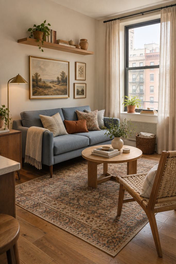 Small apartment living room featuring a compact dusty-blue sofa, round oak coffee table, woven chair, floating shelf, artwork, and practical space-saving decor.