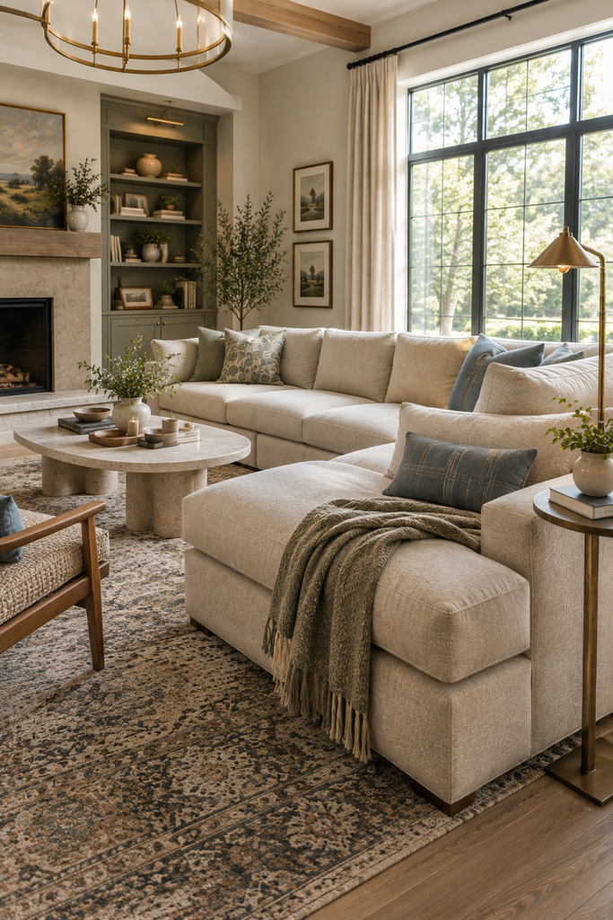 Comfortable modern living room with an oatmeal sectional and chaise, oval stone coffee table, textured rug, reading lamp, and large window overlooking greenery.