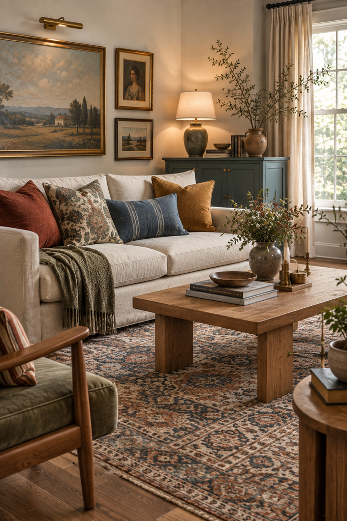 Colorful living room featuring a warm ivory sofa styled with terracotta, dusty blue, olive, and ochre pillows, vintage rug, painted cabinet, and natural wood furniture.
