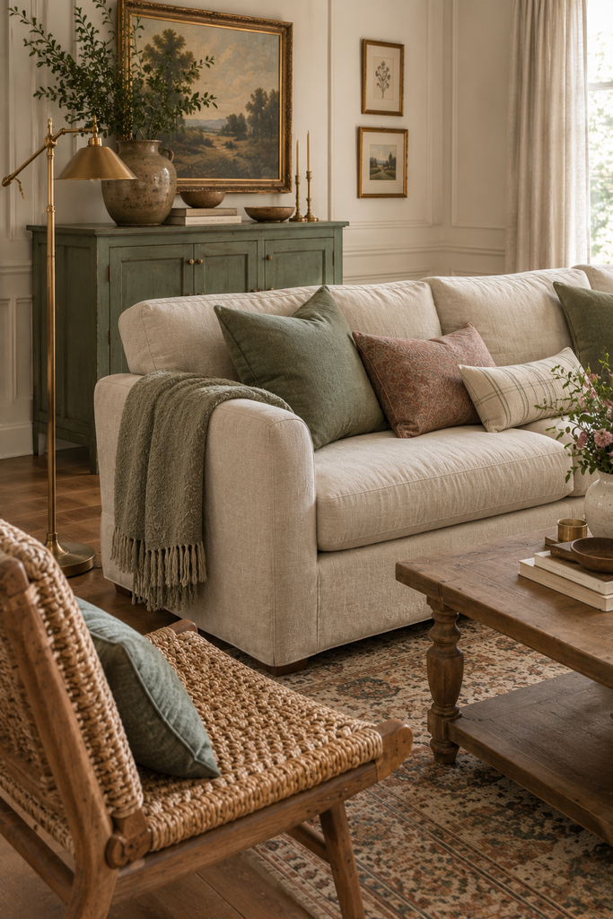 Timeless living room with a relaxed natural linen sofa, painted antique cabinet, woven chair, aged brass floor lamp, traditional rug, and handmade pottery.