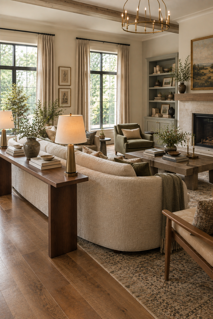 Spacious living room with a curved-back sofa floated away from the wall, slim walnut console behind it, sculptural lamps, large rug, coffee table, and accent chair.