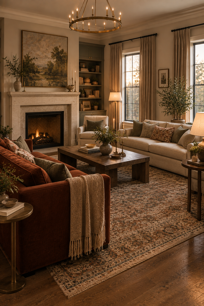 Elegant living room with two sofas facing each other, one rust and one ivory, surrounding a large coffee table and patterned rug beside a simple stone fireplace.