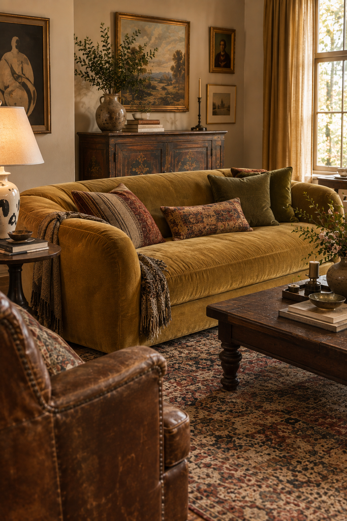 Collected eclectic living room featuring a mustard-gold sculptural sofa, vintage dark wood furniture, traditional patterned rug, leather chair, artwork, and ceramic lamp.