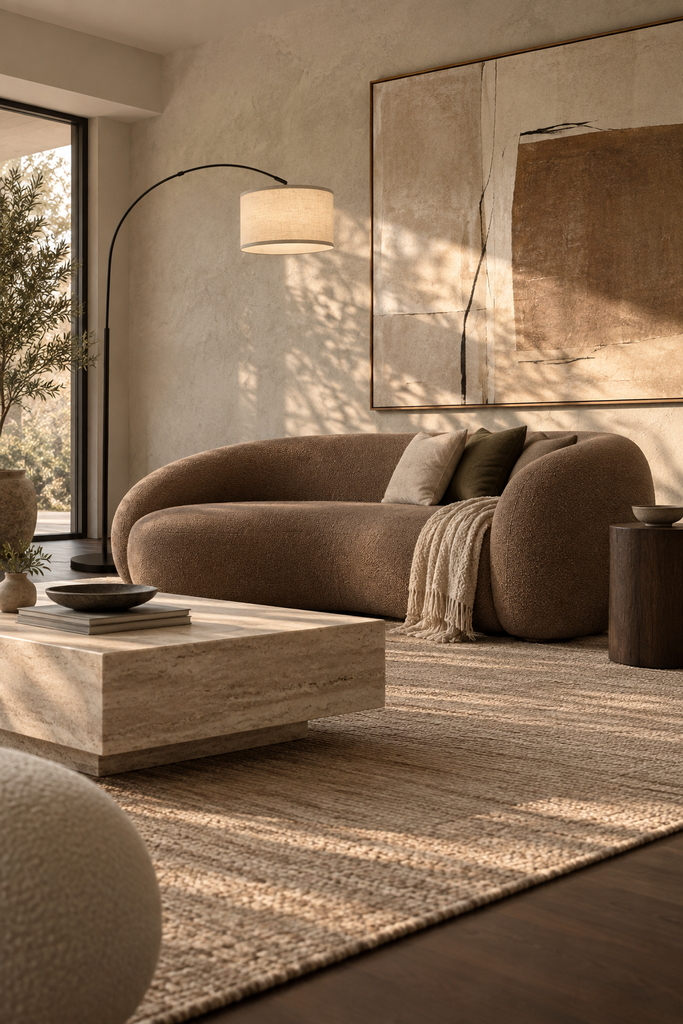 Refined contemporary living room with a low-profile clay-brown sculptural sofa, textured plaster wall, limestone coffee table, dark oak accents, olive tree, and minimalist artwork.