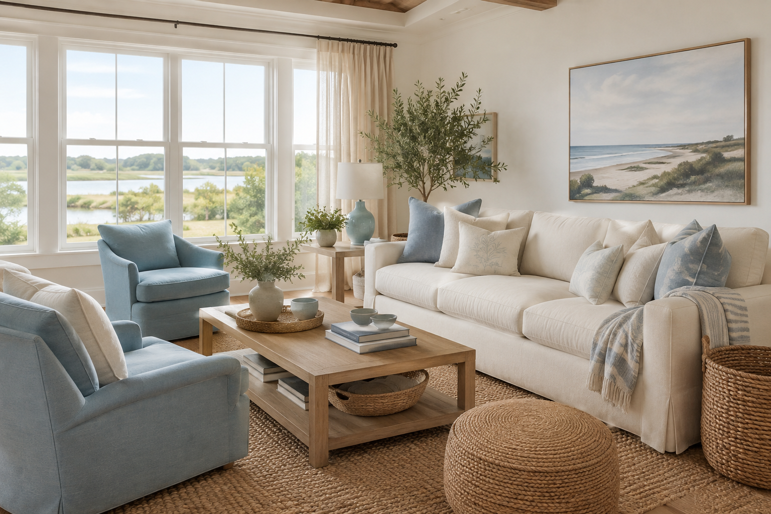 Airy coastal living room with a cream linen sofa, light blue accent chairs, natural wood coffee table, jute rug, woven decor, coastal artwork, and large bright windows.