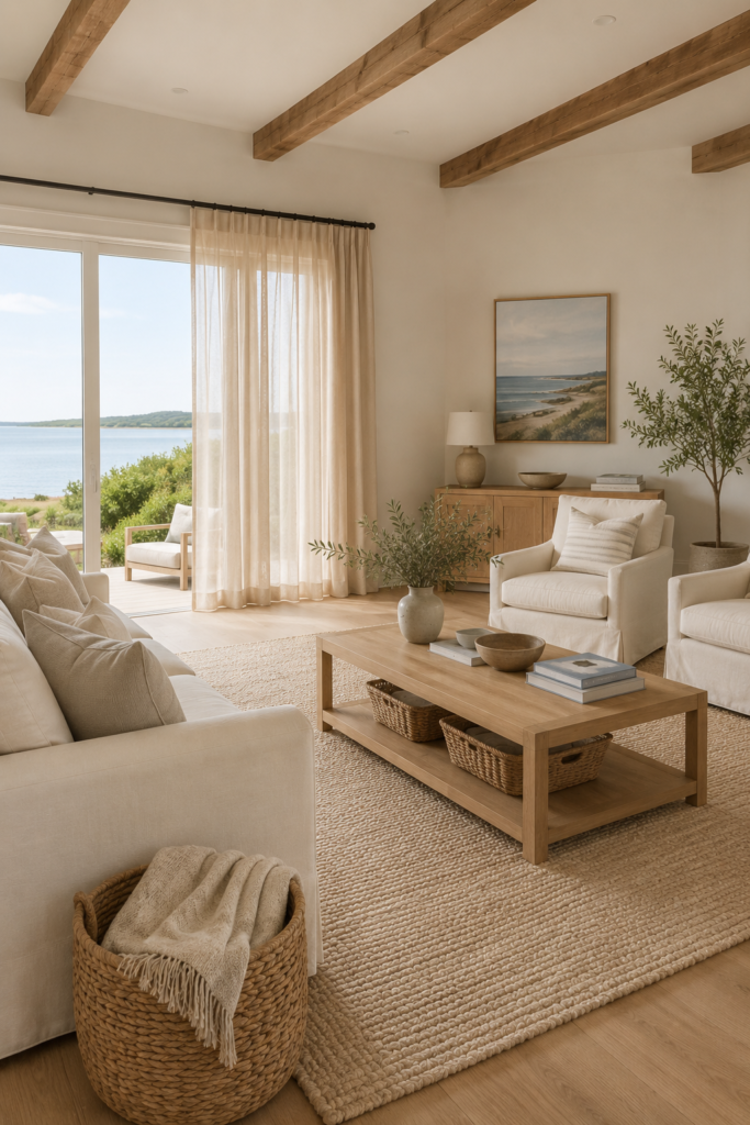 Neutral coastal living room with cream seating, ivory curtains, beige textures, light oak furniture, and soft natural decor.