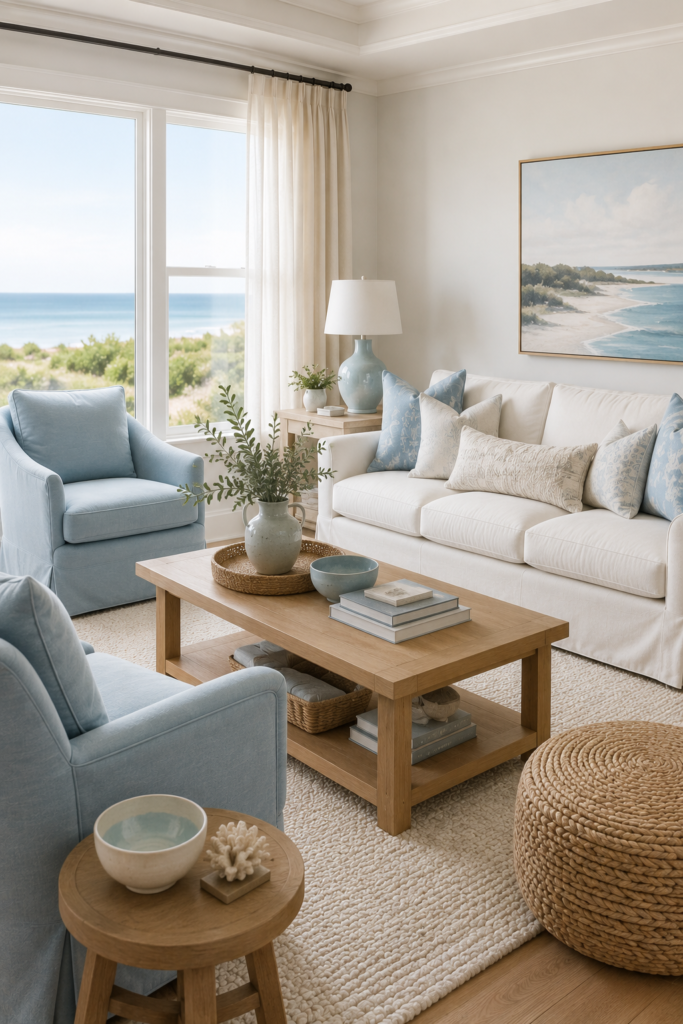 Bright coastal living room with a cream sofa, muted sea-glass blue pillows and chair, light wood furniture, and ocean-inspired artwork.