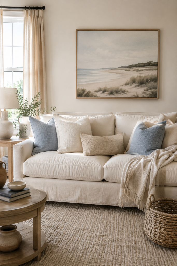 Comfortable cream linen sofa layered with neutral and blue pillows and a linen throw in a relaxed coastal living room.
