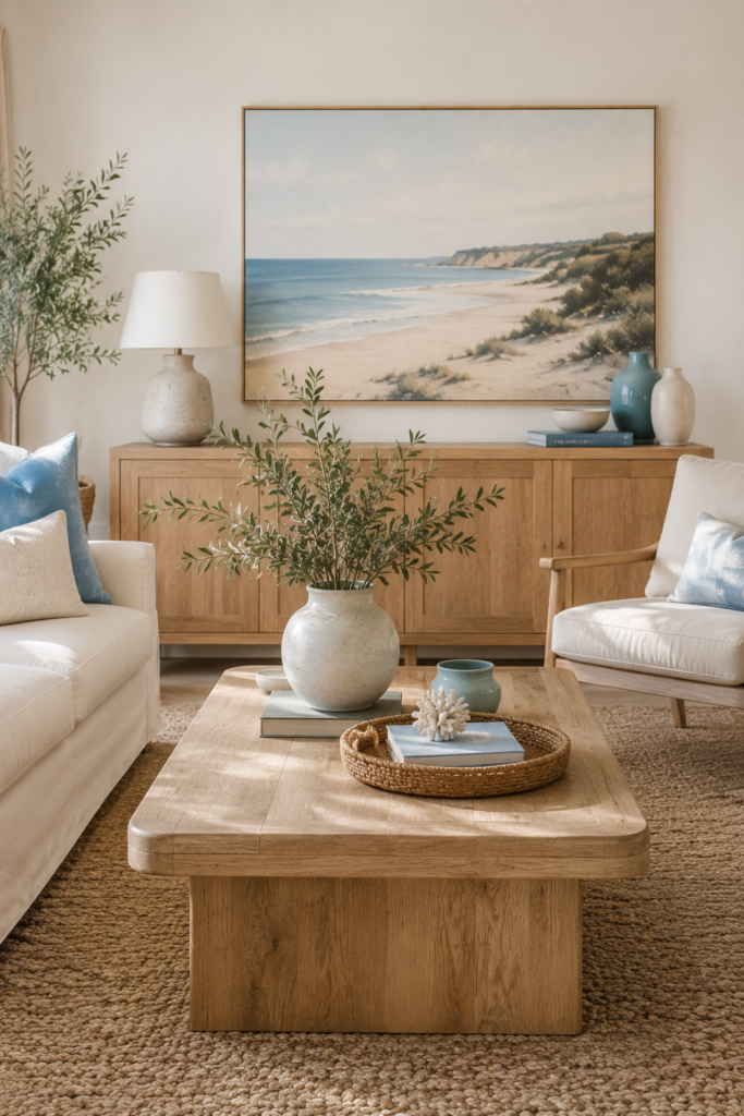 Coastal living room featuring light oak coffee table and furniture paired with cream upholstery, woven textures, and subtle blue decor.