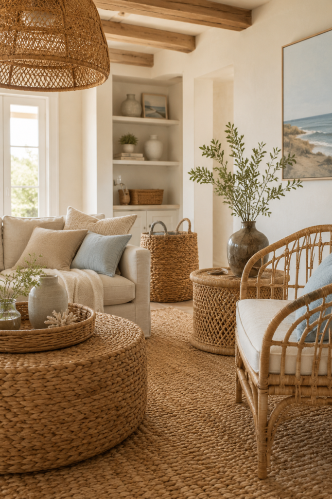 Coastal living room layered with a jute rug, rattan chair, woven baskets, cane table, pendant light, and linen furniture.