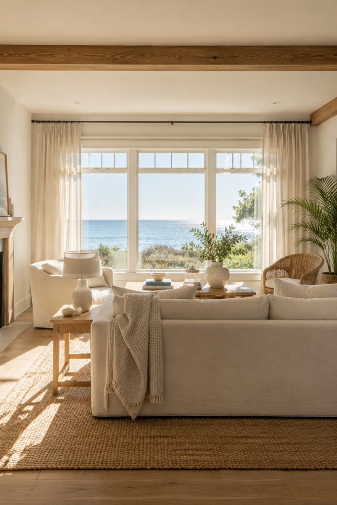 Sun-filled coastal living room with large windows, sheer linen curtains, cream seating, pale wood furniture, and natural sunlight.