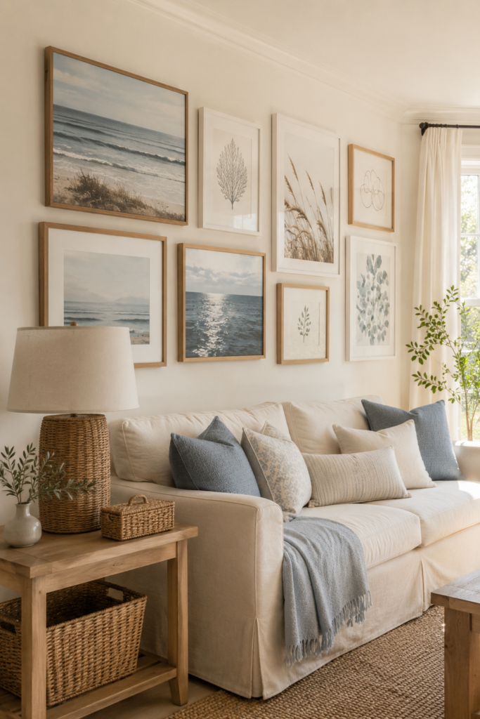 Coastal gallery wall displaying ocean landscapes, abstract seascapes, botanical prints, and simple artwork above a cream sofa.