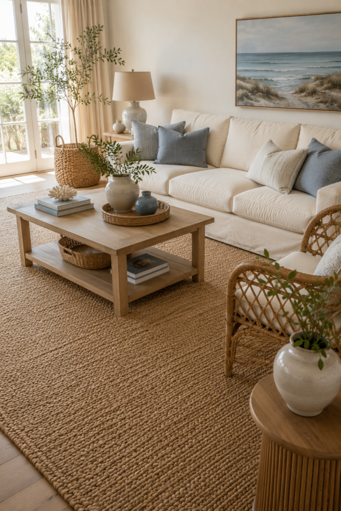 Coastal living room anchored by a large natural jute rug beneath cream seating, a light oak coffee table, and woven chair.