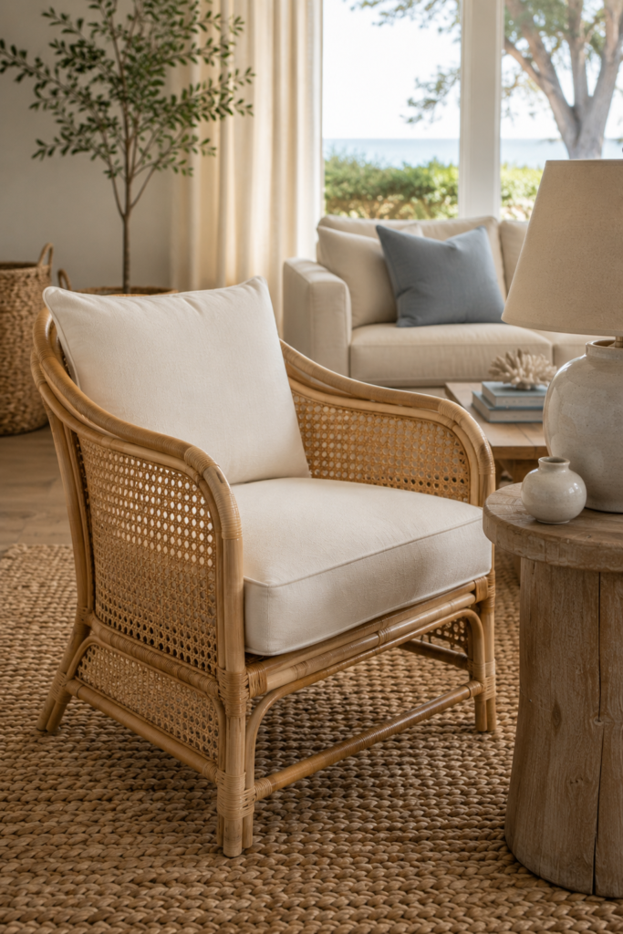 Cane accent chair with a cream cushion and ceramic lamp styled in a relaxed coastal living room with neutral furnishings.