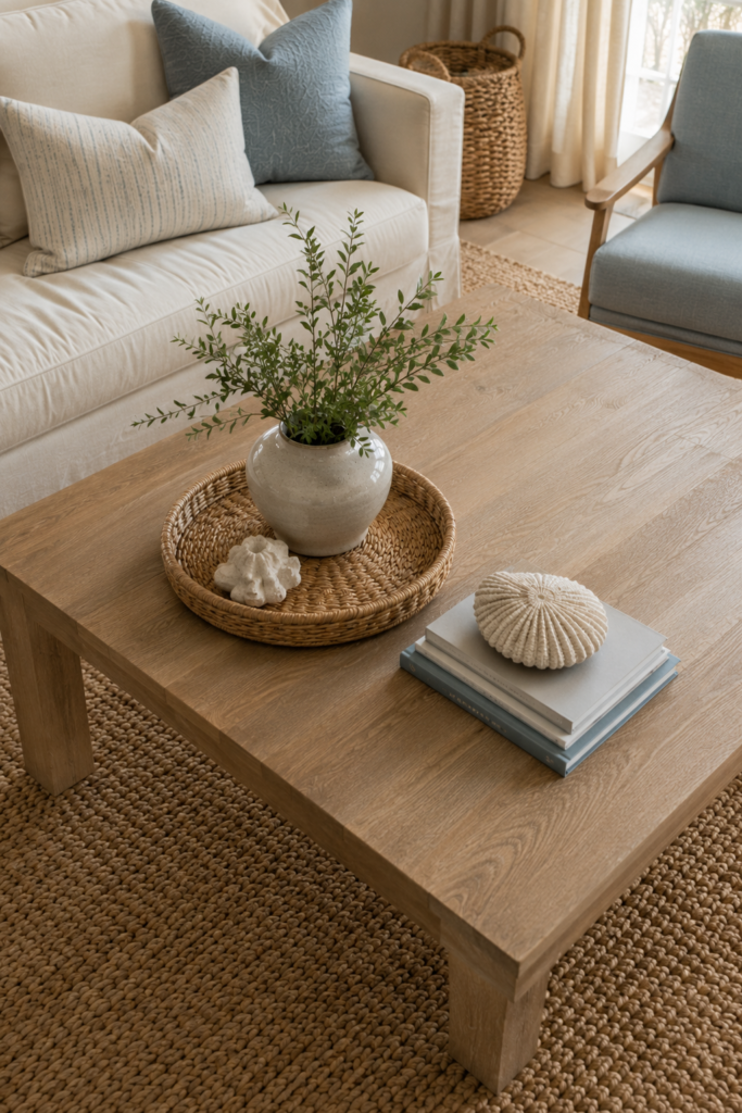 Simply styled coastal coffee table with a woven tray, design books, ceramic vase, greenery, and subtle decorative accents.